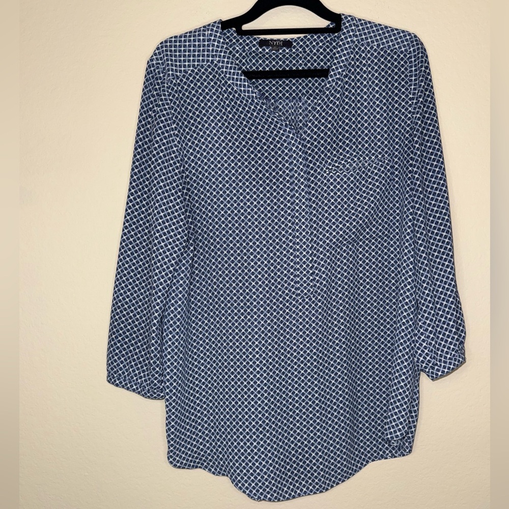 NYDJ Navy Patterned Pintuck Blouse